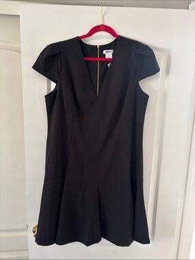 NWT DKNY Black V-Neck Cap Sleeve A-Line Dress with back zipper design SZ 16W